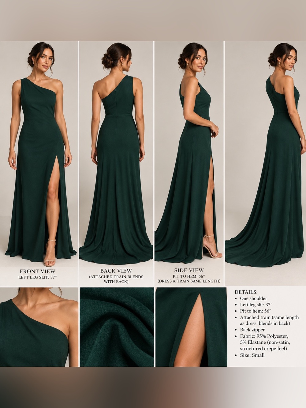 Miss Ord Green One Shoulder Formal Maxi Dress Left Slit Train Size S